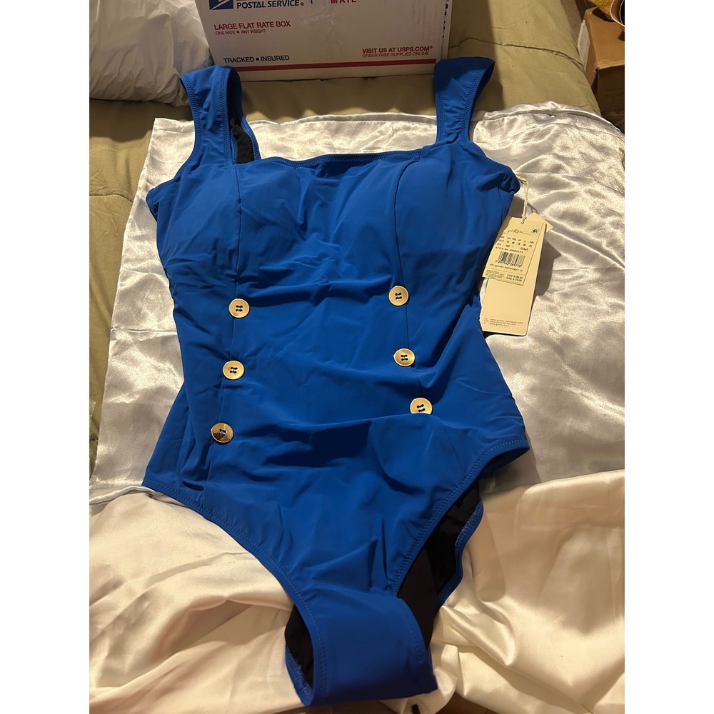 Gottex Blue Nautical One Piece Swimsuit Sailor Button Ruched 25MO171 Womens 16